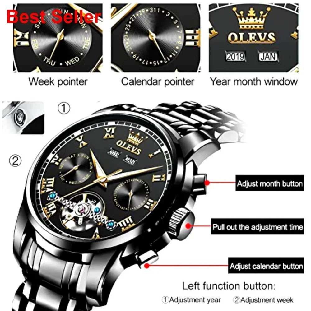 Automatic Mechanical Tourbillon Watch, Stainless Steel, Waterproof, Luminous